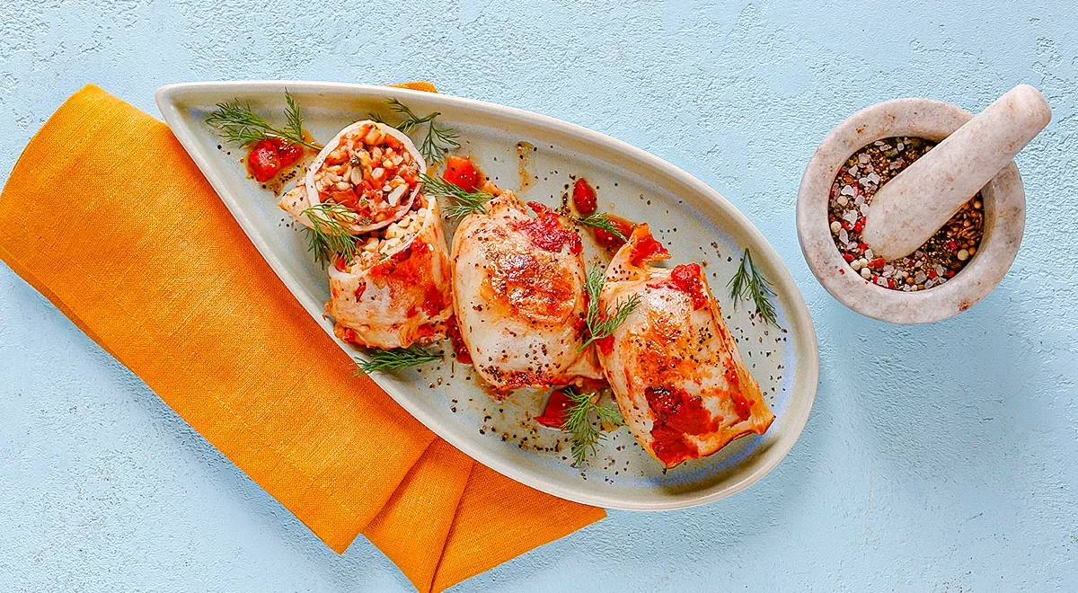 Кальмары, фаршированные булгуром