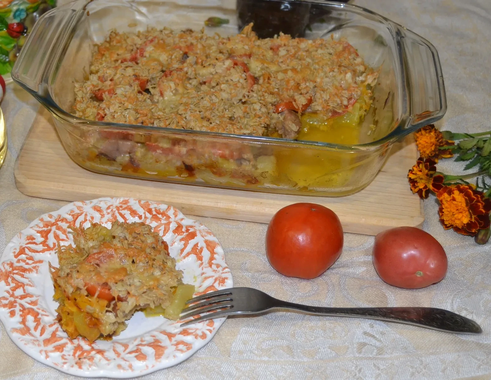 Крамбл с овощами и индейкой