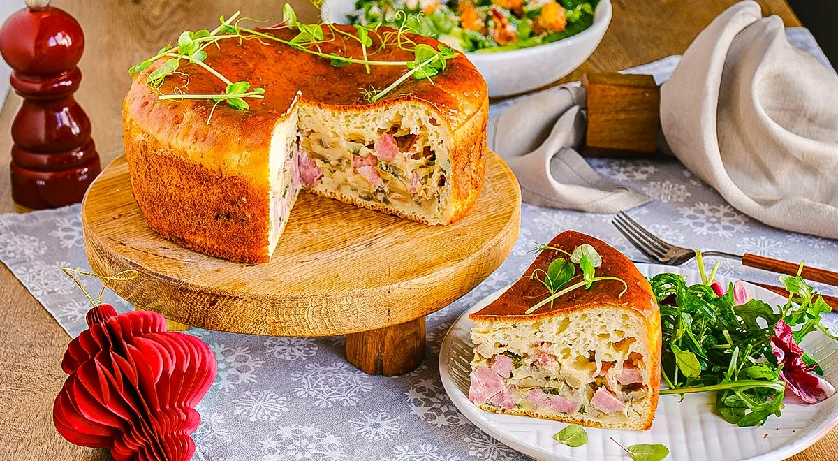 Ленивый пирог с ветчиной и грибами