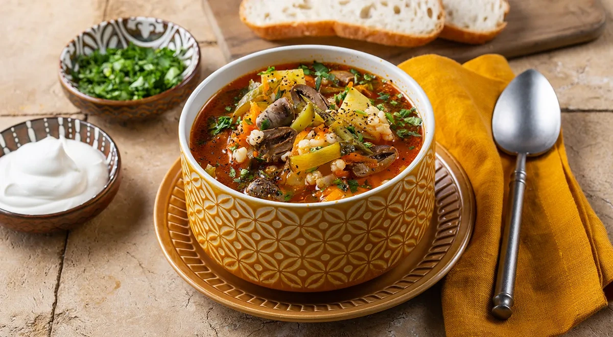 Рассольник с куриными сердечками