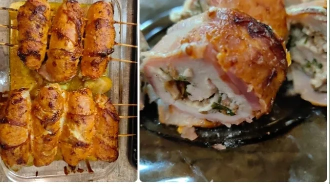 Рулетики из корейки с беконом и картофелем