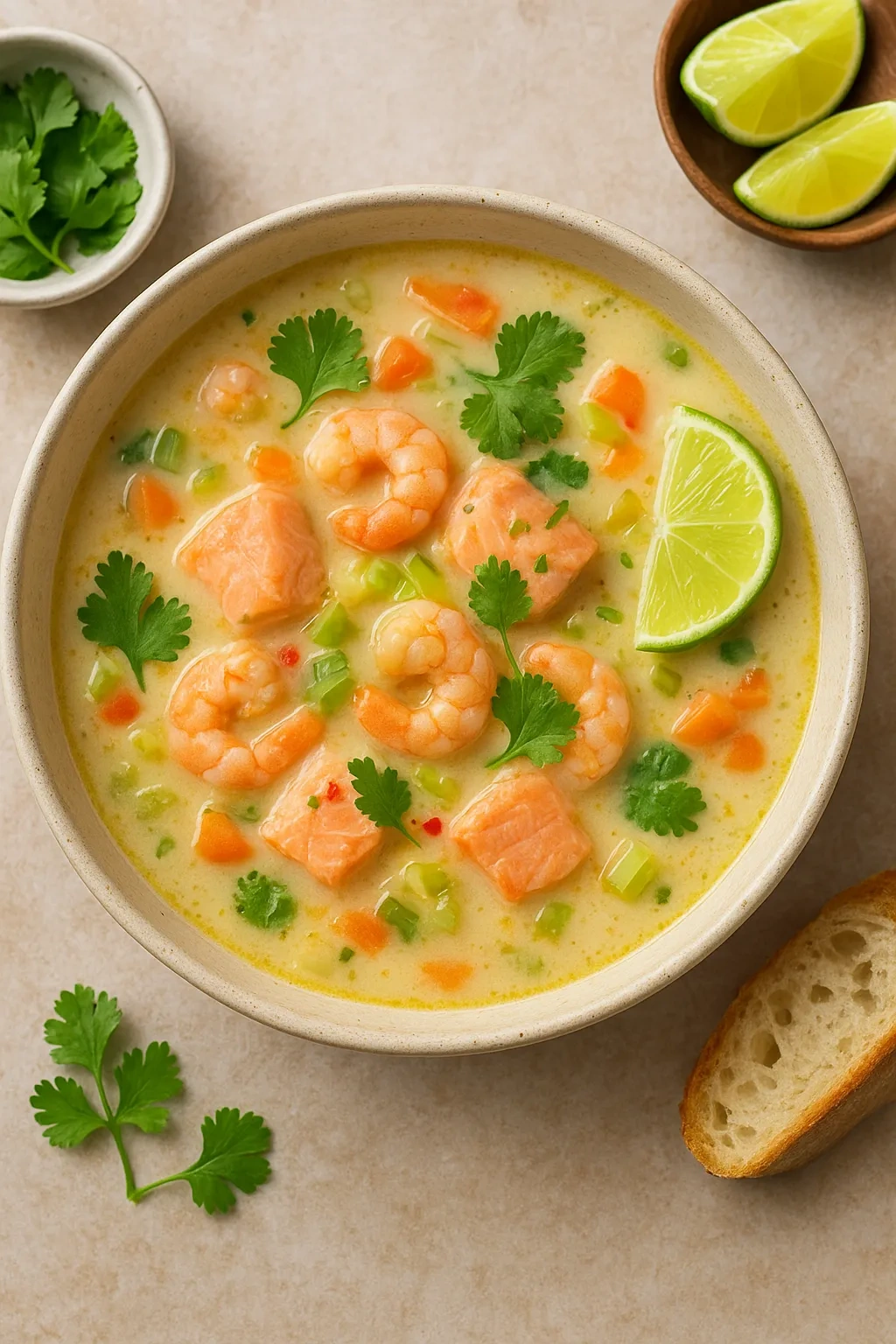 Суп с красной рыбой, кокосовым молоком и лаймом