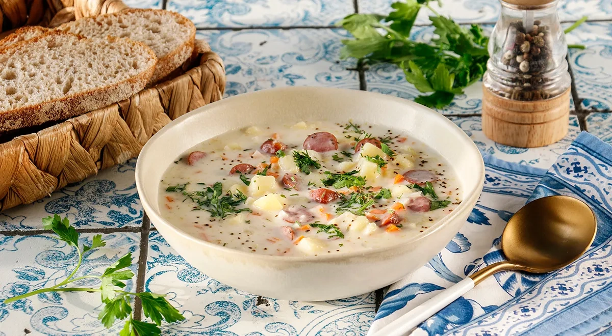 Сырный суп с охотничьими колбасками