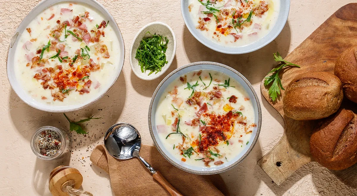 Сырный суп с ветчиной и беконом