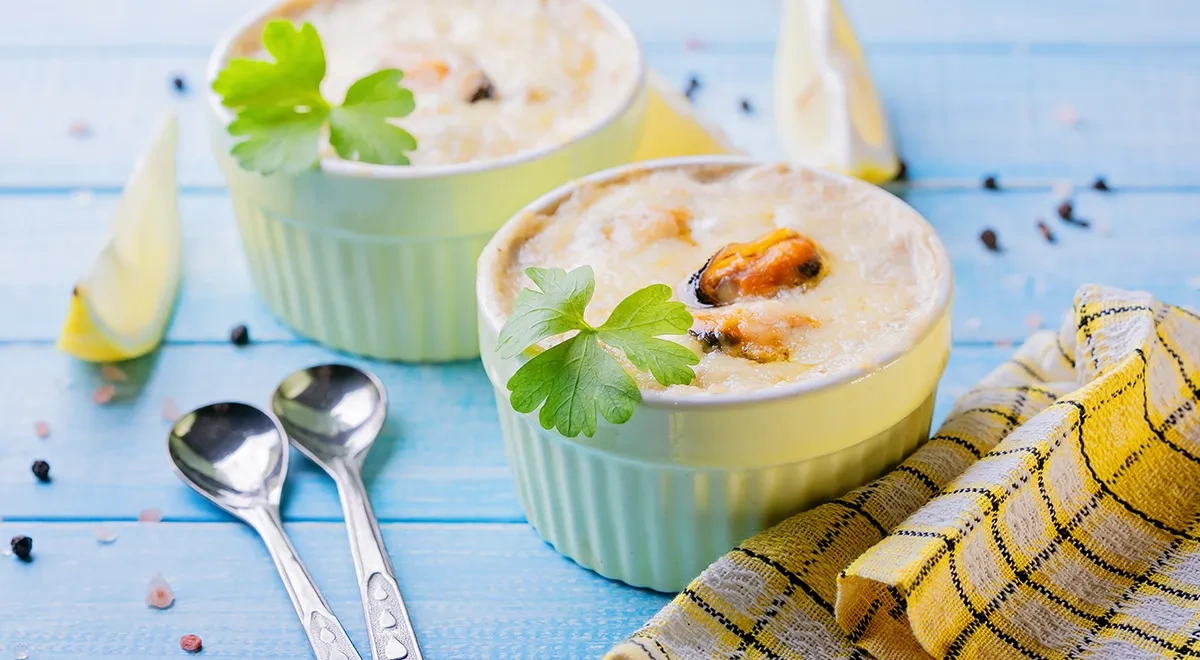 Запеченные мидии с сыром в сливочном соусе