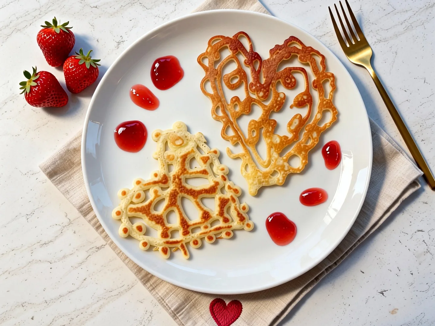 Ажурные блины в форме сердца для романтического завтрака