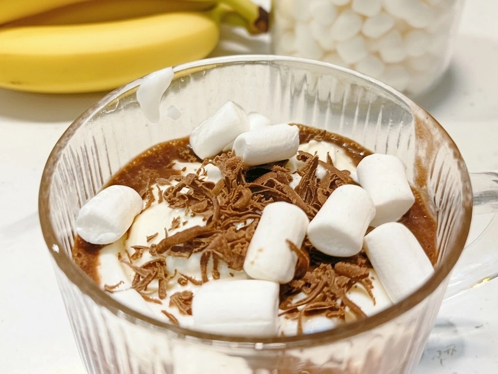 Банановое какао с маршмеллоу, взбитыми сливками и шоколадом
