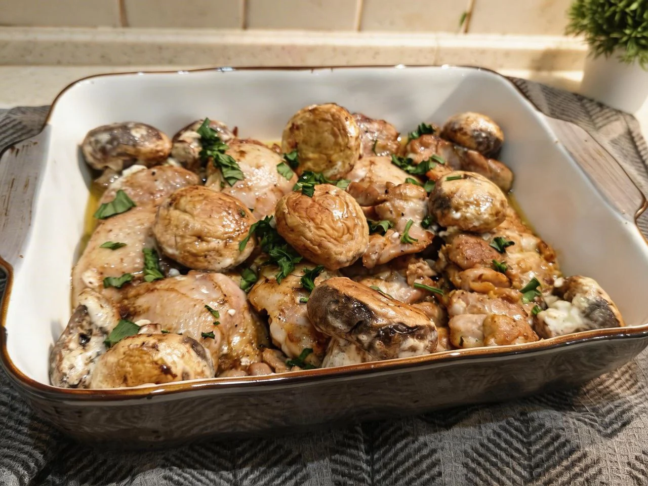 Куриные бедра в духовке с шампиньонами