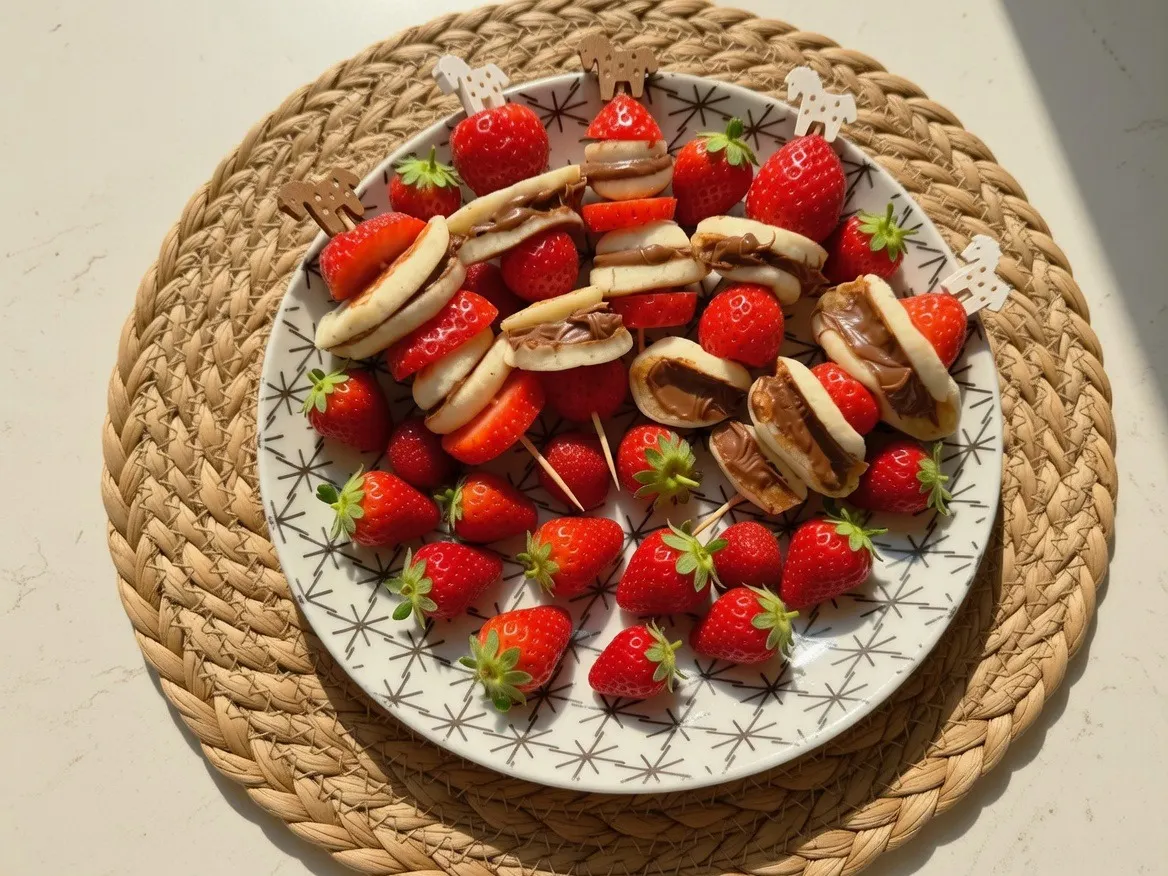 Мини-панкейки на шпажках с нутеллой и клубникой