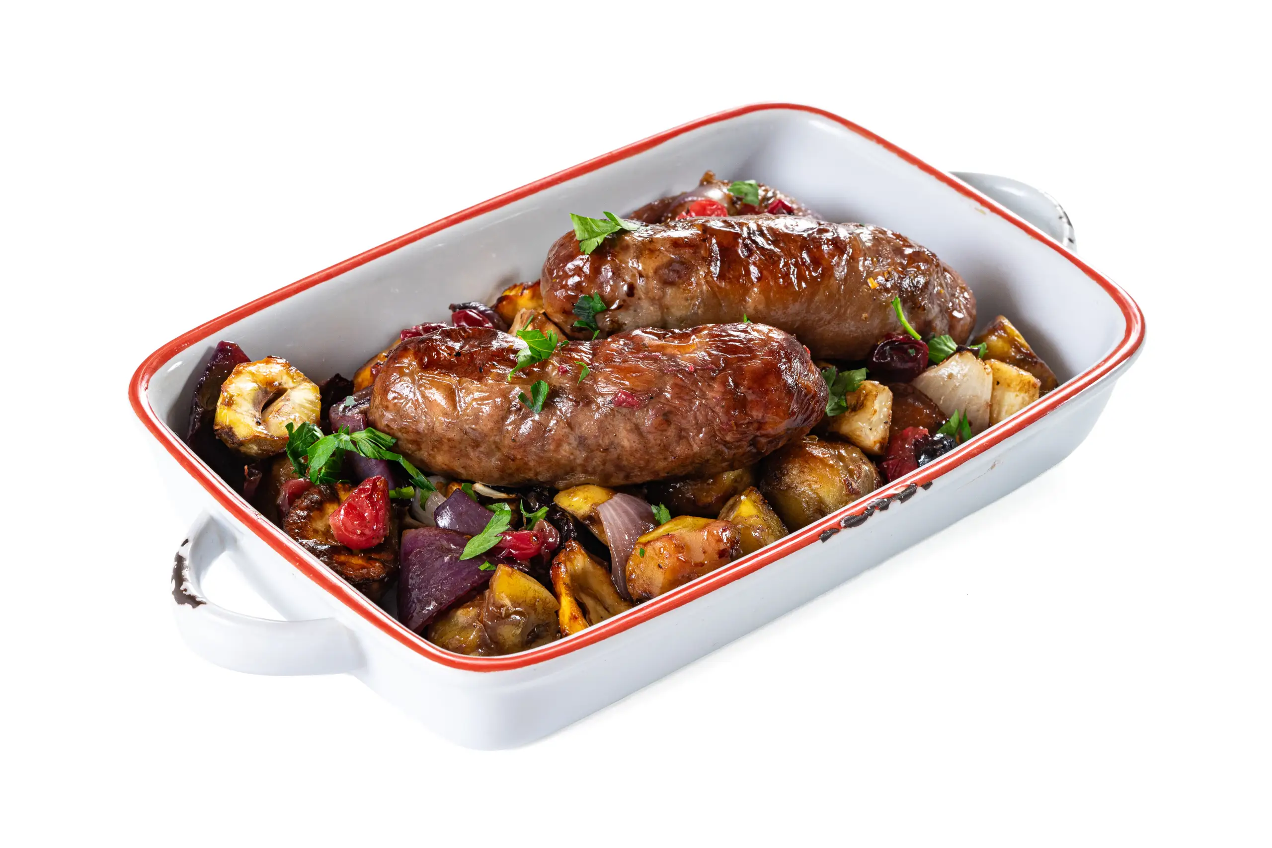 Запеченные колбаски с каштанами и сельдереем