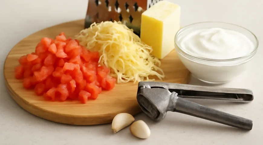 Рулетики из баклажанов с помидорами, сыром и чесноком: шаг 3