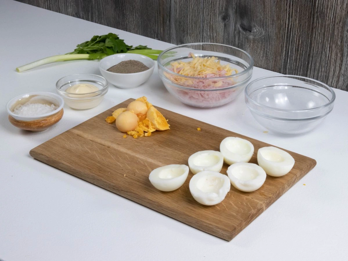 Шаг 3: Яйца, фаршированные ветчиной и сыром