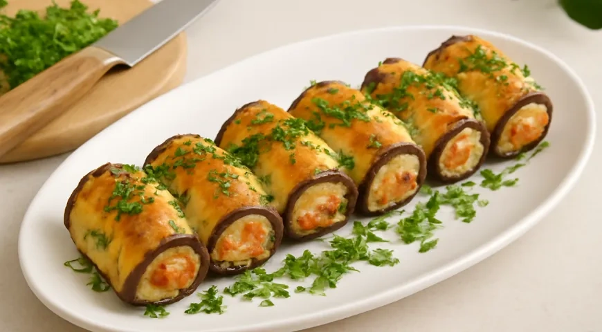 Рулетики из баклажанов с помидорами, сыром и чесноком: шаг 7