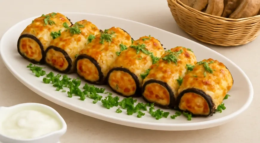 Рулетики из баклажанов с помидорами, сыром и чесноком: шаг 8